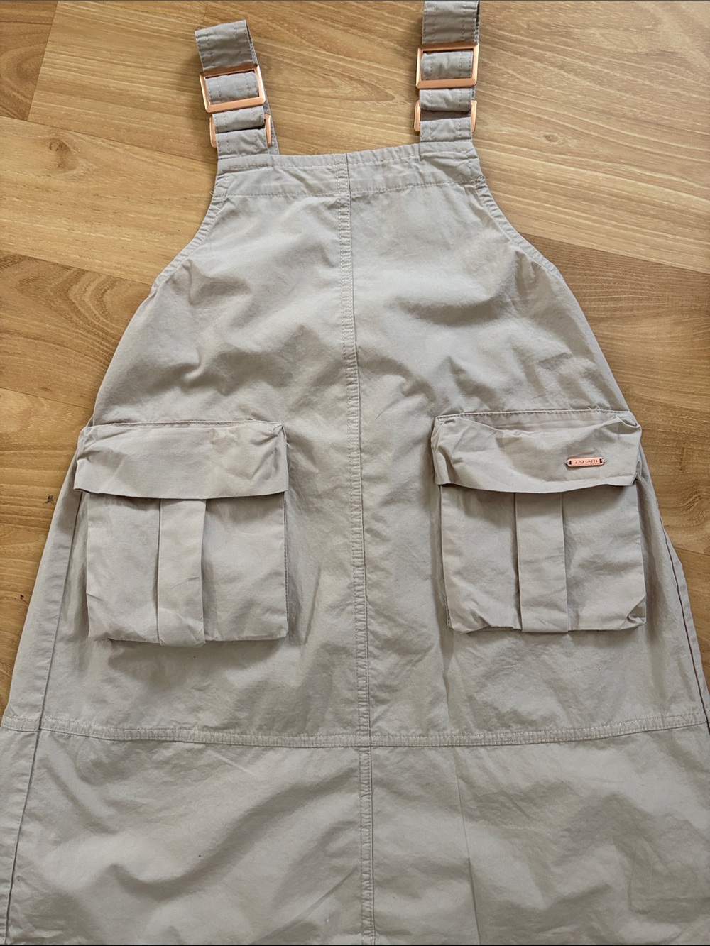 Tahari Neutral Beige Cargo Pinafore Dress with Rose Gold Buckles